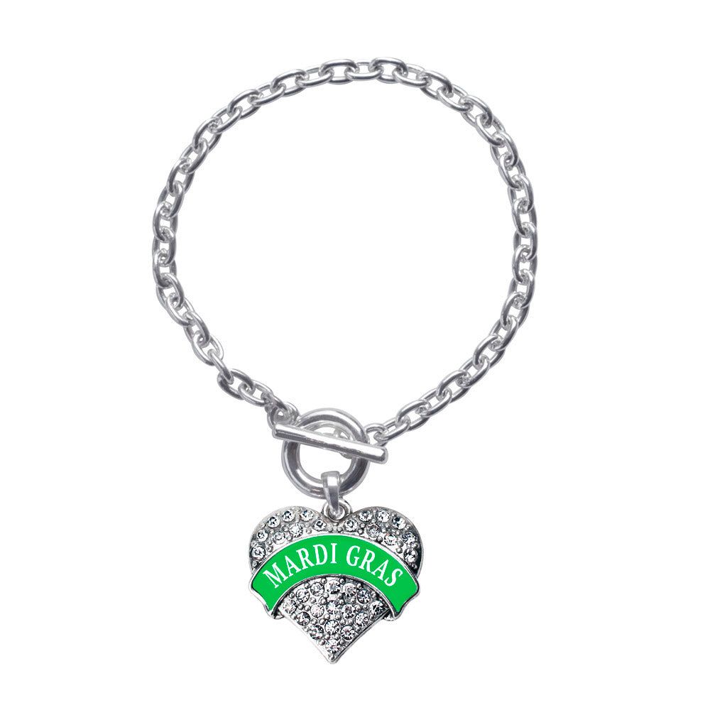 Silver Green Mardi Gras Pave Heart Charm Toggle Bracelet