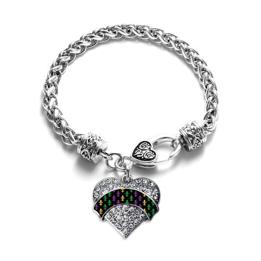 Silver Mardi Gras Pattern Pave Heart Charm Braided Bracelet