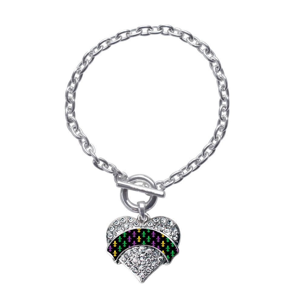 Silver Mardi Gras Pattern Pave Heart Charm Toggle Bracelet