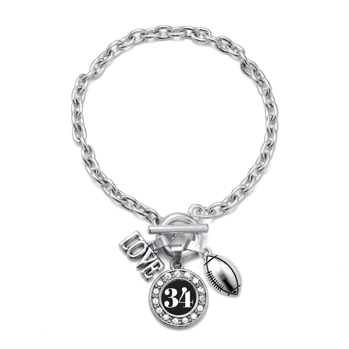 Silver Football - Sports Number 34 Circle Charm Toggle Bracelet