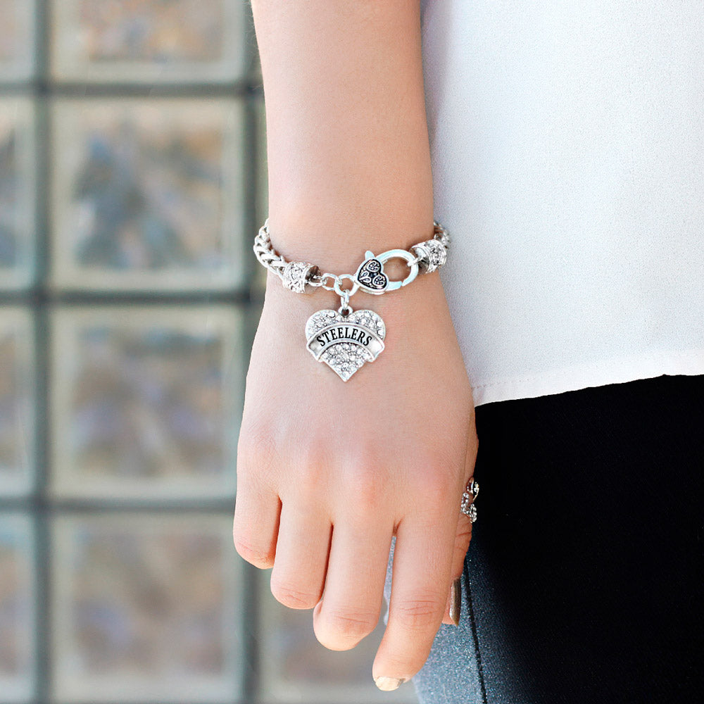 Silver Steelers Pave Heart Charm Braided Bracelet