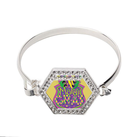 Silver Mardi Gras Masks Hexagon Charm Bangle Bracelet