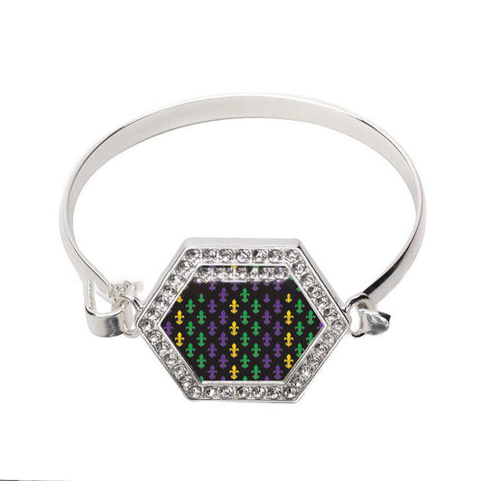 Silver Mardi Gras Pattern Hexagon Charm Bangle Bracelet