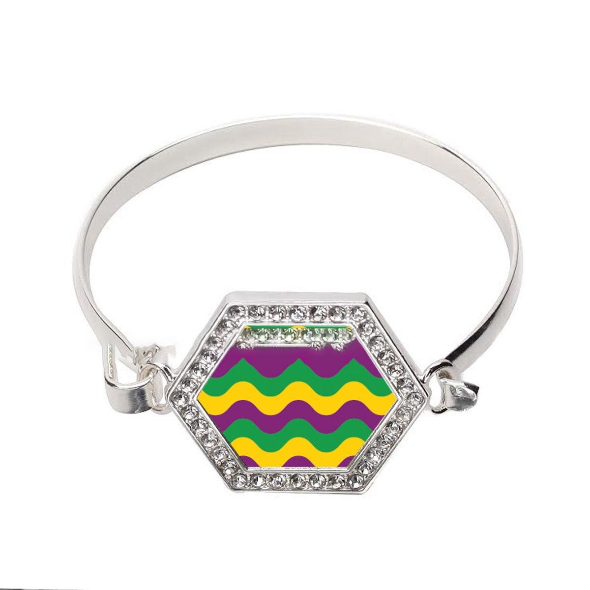 Silver Mardi Gras Wave Pattern Hexagon Charm Bangle Bracelet
