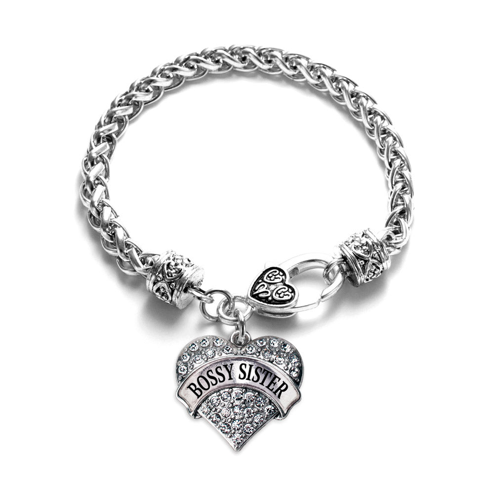 Silver Bossy Sister Pave Heart Charm Braided Bracelet