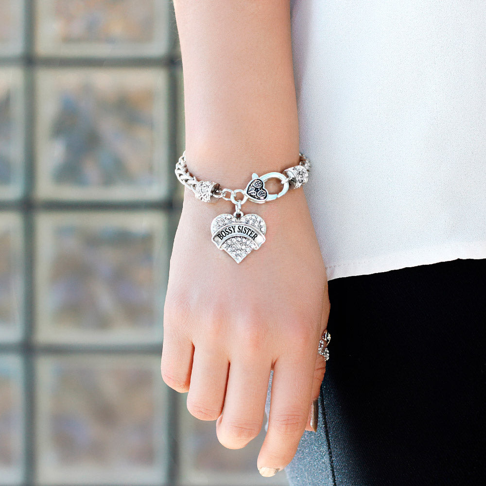 Silver Bossy Sister Pave Heart Charm Braided Bracelet