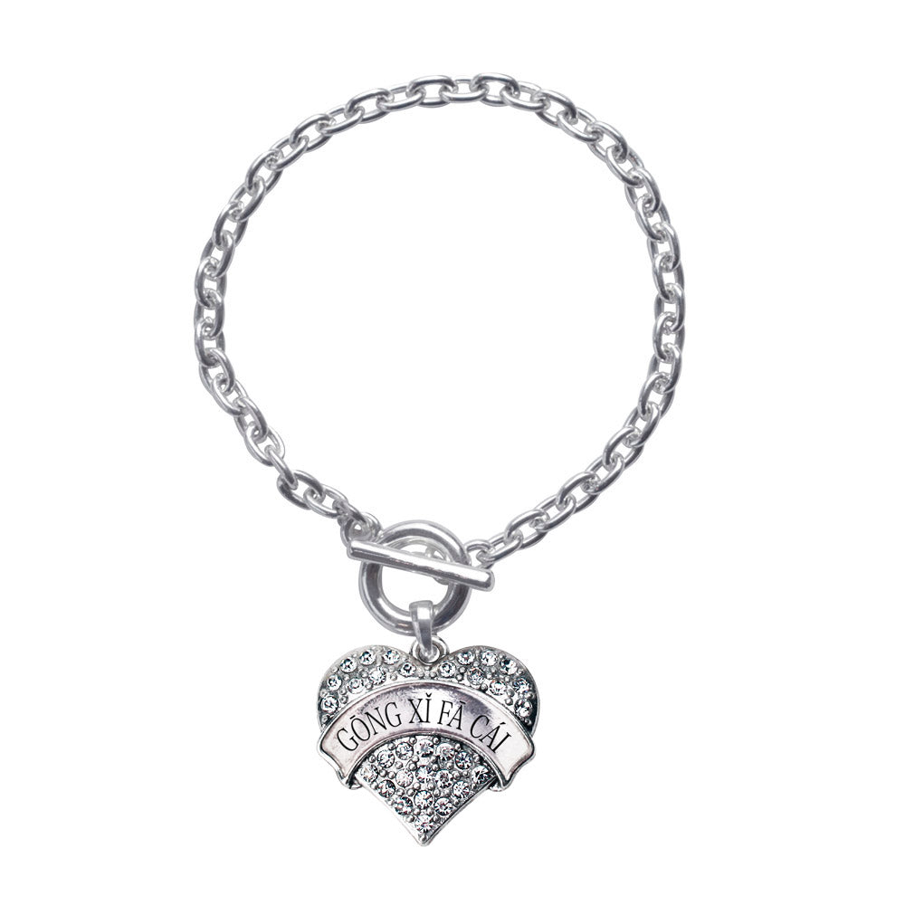 Silver Gōng Xǐ Fā Cái Pave Heart Charm Toggle Bracelet