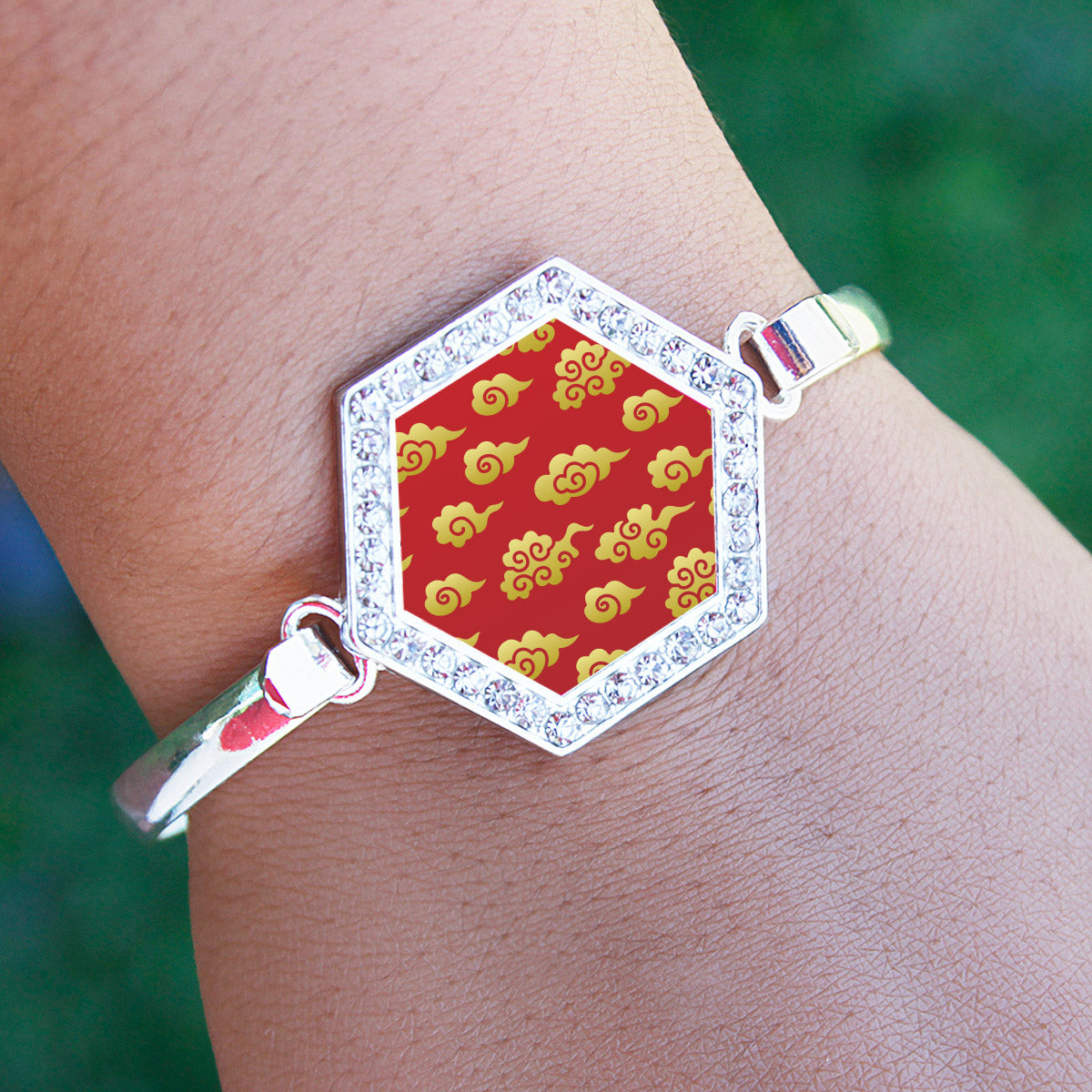 Silver Gold Chinese New Year Cloud Pattern Hexagon Charm Bangle Bracelet