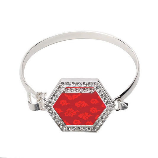 Silver Red Chinese New Year Cloud Pattern Hexagon Charm Bangle Bracelet