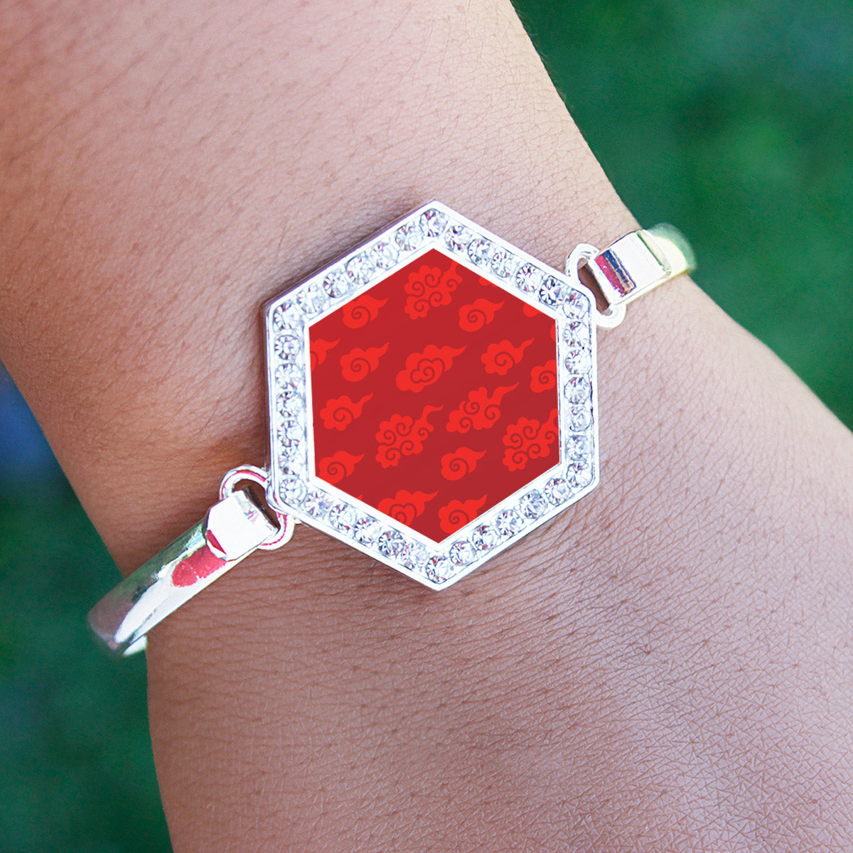 Silver Red Chinese New Year Cloud Pattern Hexagon Charm Bangle Bracelet