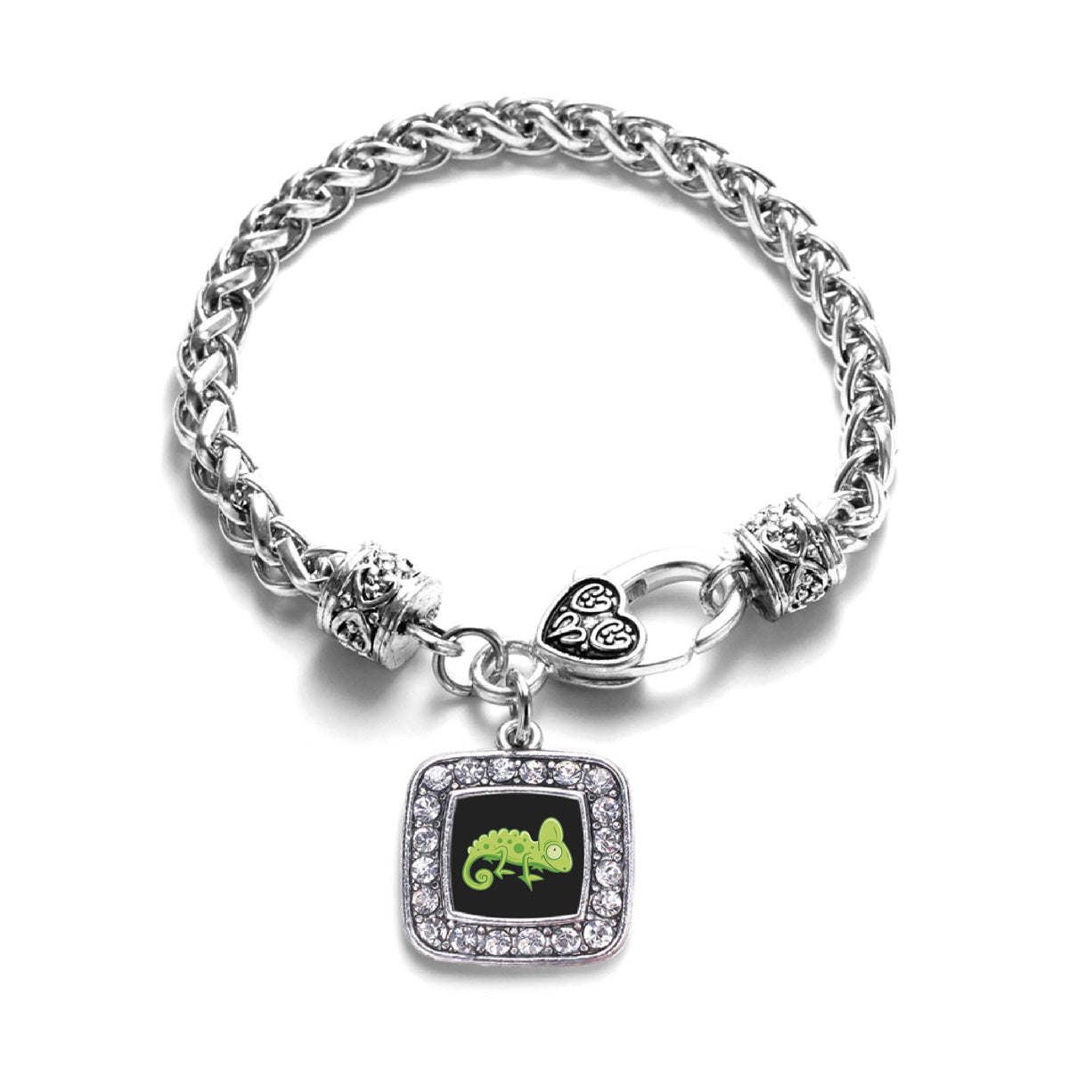 Silver Chameleon Square Charm Braided Bracelet