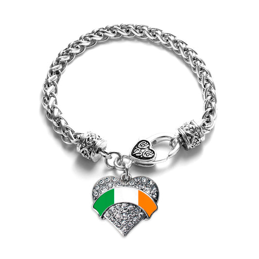 Silver Irish Flag Pave Heart Charm Braided Bracelet