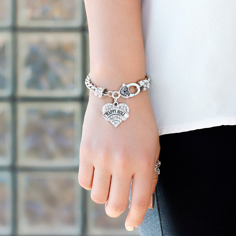 Silver Happy Holi Pave Heart Charm Braided Bracelet