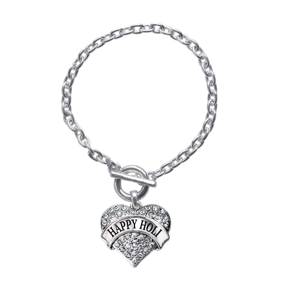 Silver Happy Holi Pave Heart Charm Toggle Bracelet