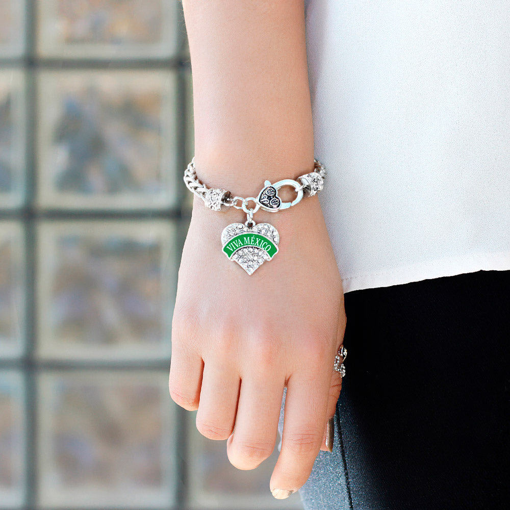 Silver Green Viva México Pave Heart Charm Braided Bracelet