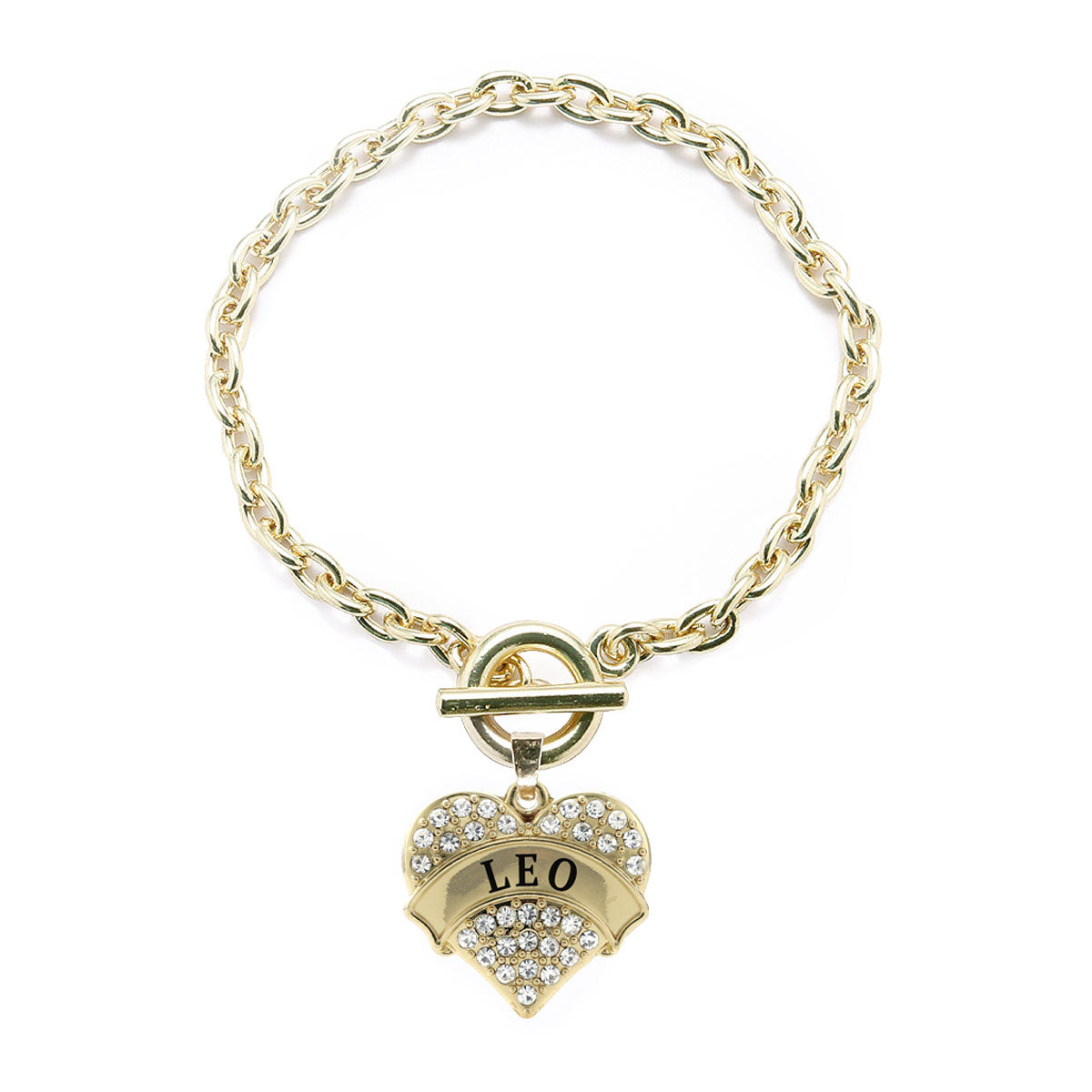 Gold Leo Zodiac Pave Heart Charm Toggle Bracelet