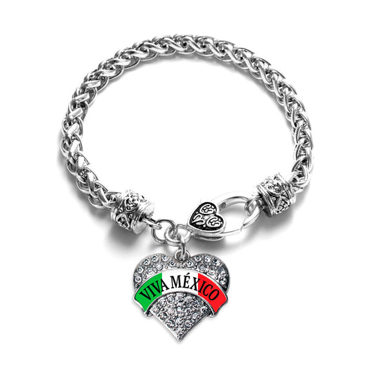 Silver Viva México Banner Pave Heart Charm Braided Bracelet