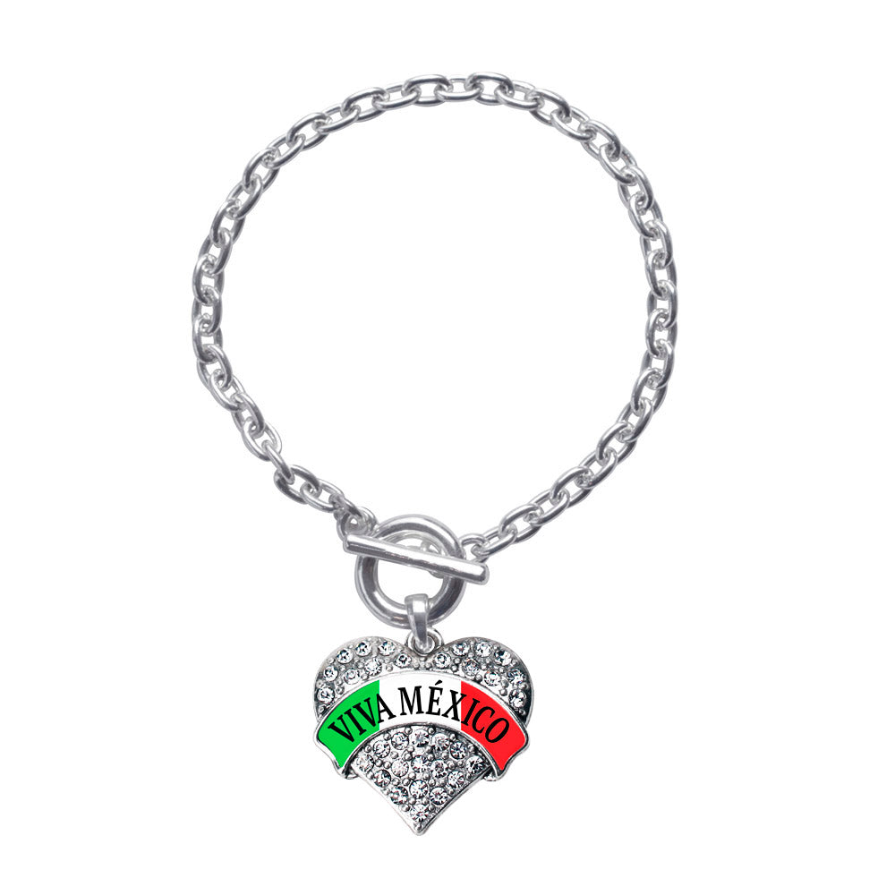 Silver Viva México Banner Pave Heart Charm Toggle Bracelet