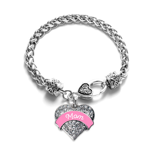 Silver Pink Mom Pave Heart Charm Braided Bracelet