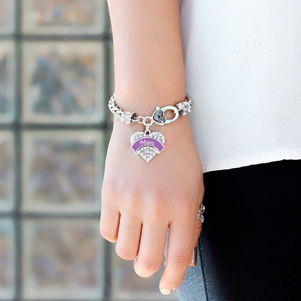 Silver Purple Mom Pave Heart Charm Braided Bracelet