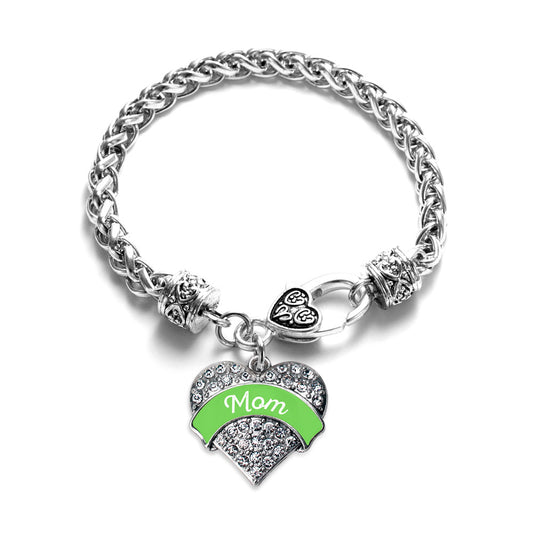 Silver Green Mom Pave Heart Charm Braided Bracelet