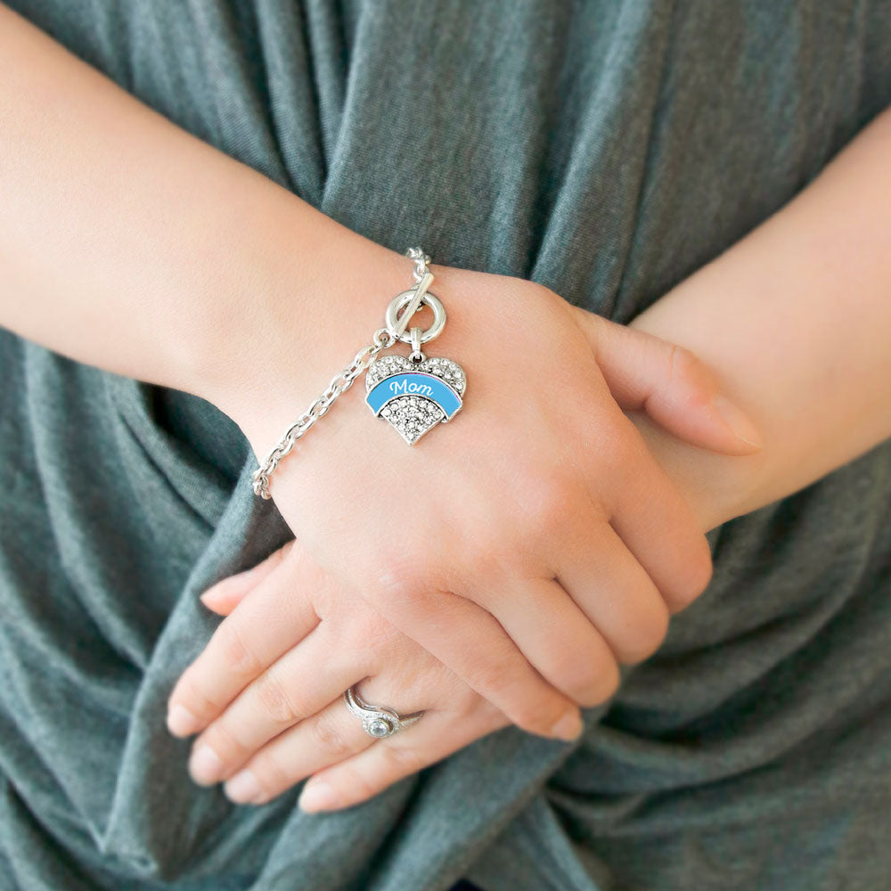Silver Blue Mom Pave Heart Charm Toggle Bracelet