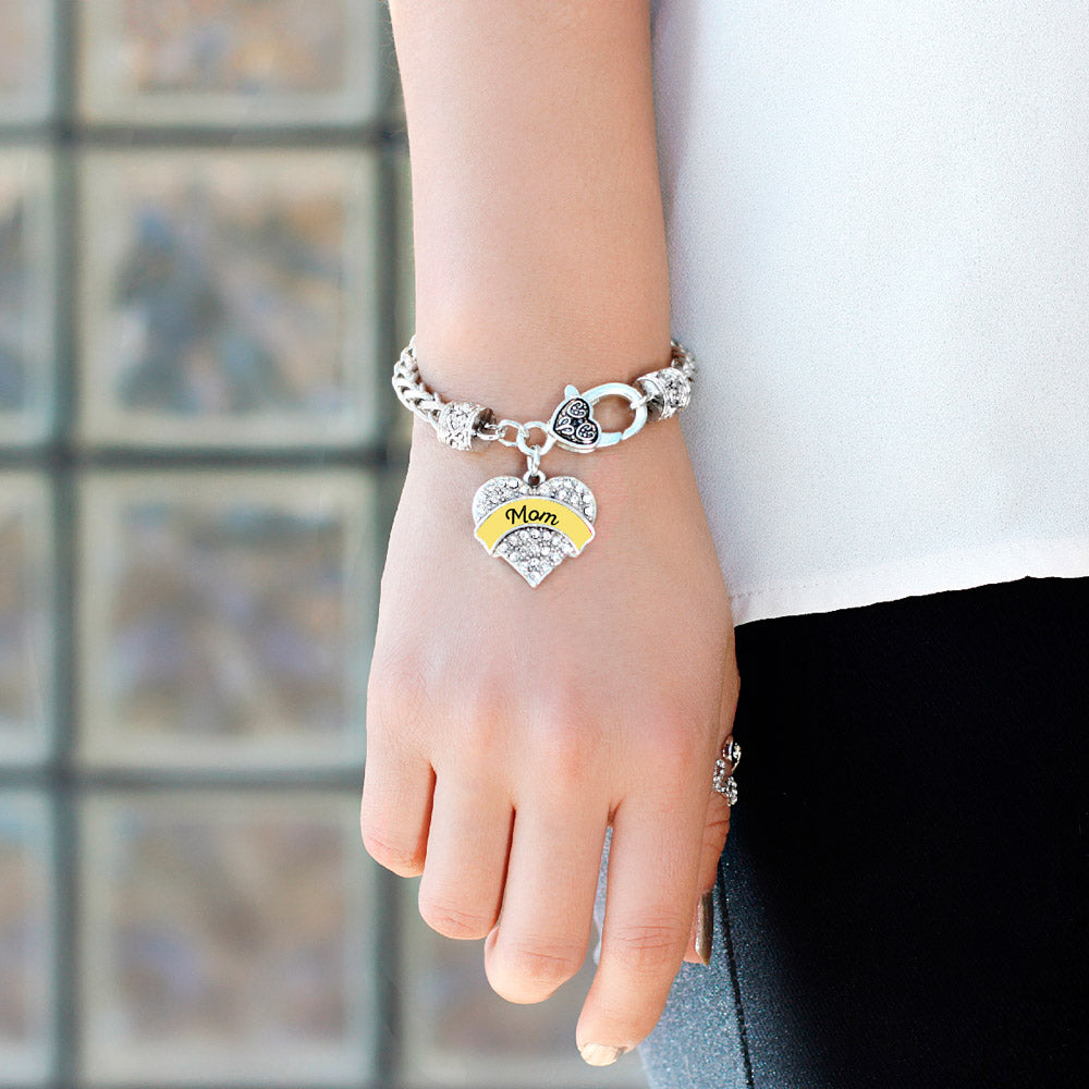 Silver Yellow Mom Pave Heart Charm Braided Bracelet