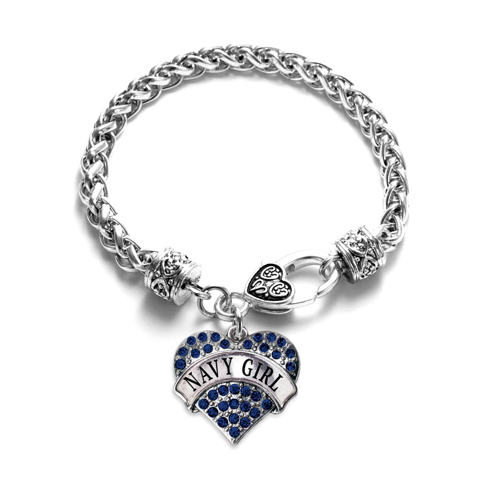 Silver Navy Girl Blue Pave Heart Charm Braided Bracelet