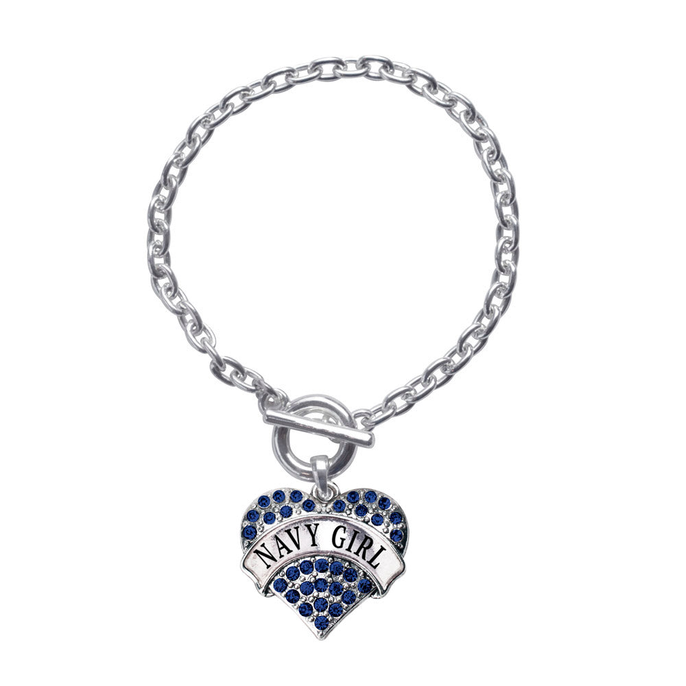 Silver Navy Girl Blue Pave Heart Charm Toggle Bracelet