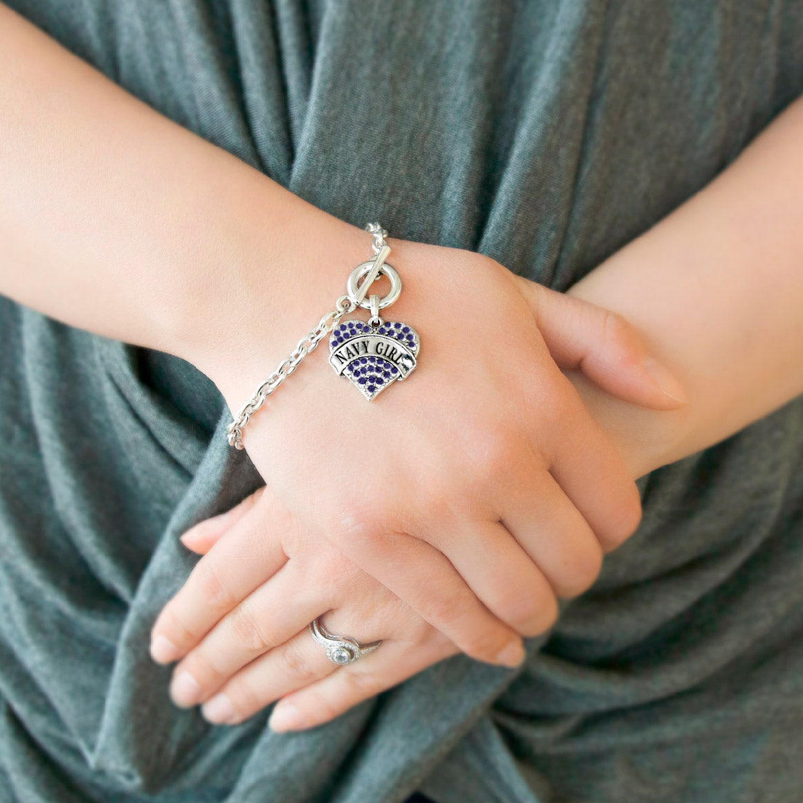 Silver Navy Girl Blue Pave Heart Charm Toggle Bracelet