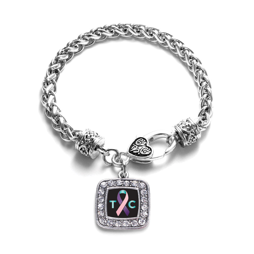 Silver Thyroid Cancer Support Square Charm Braided Bracelet