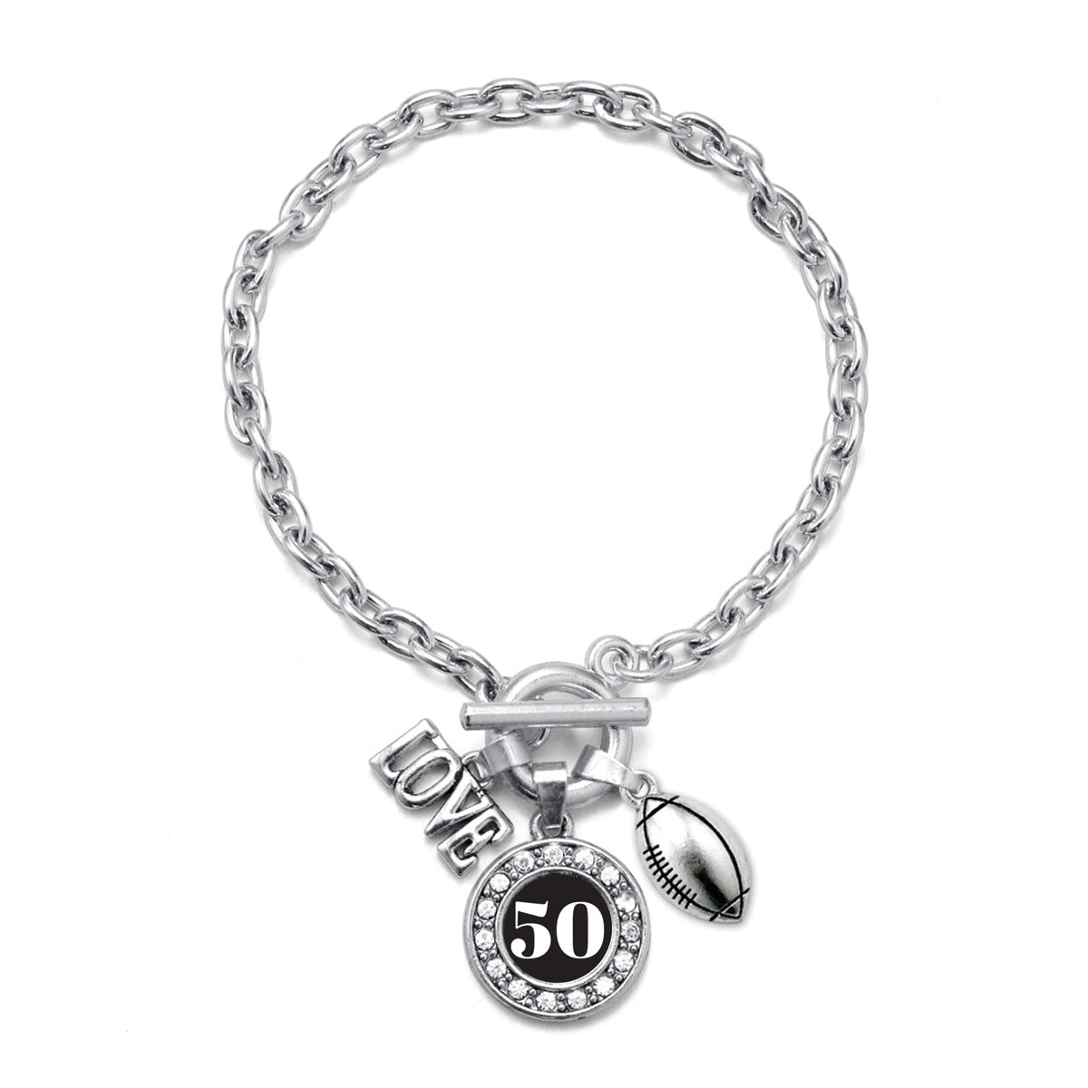 Silver Football - Sports Number 50 Circle Charm Toggle Bracelet