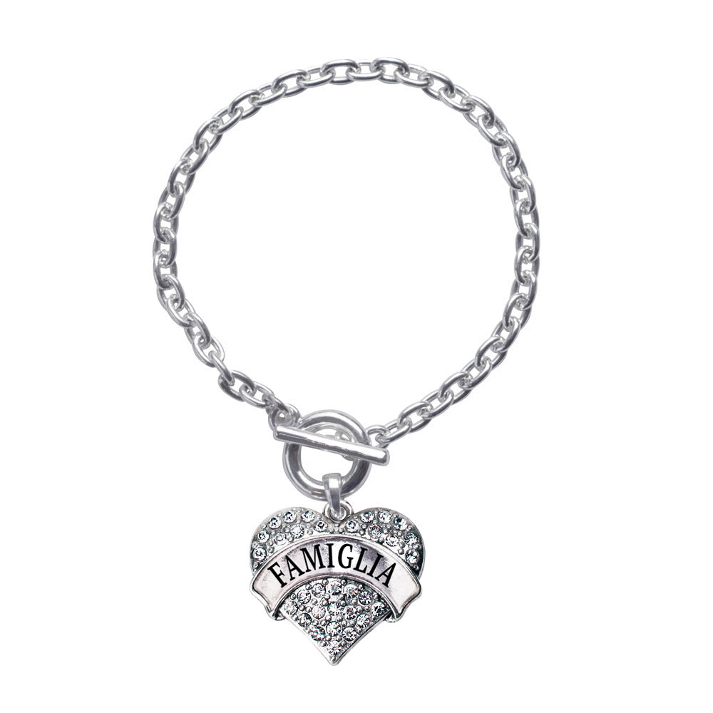 Silver Famiglia (Italian) Pave Heart Charm Toggle Bracelet