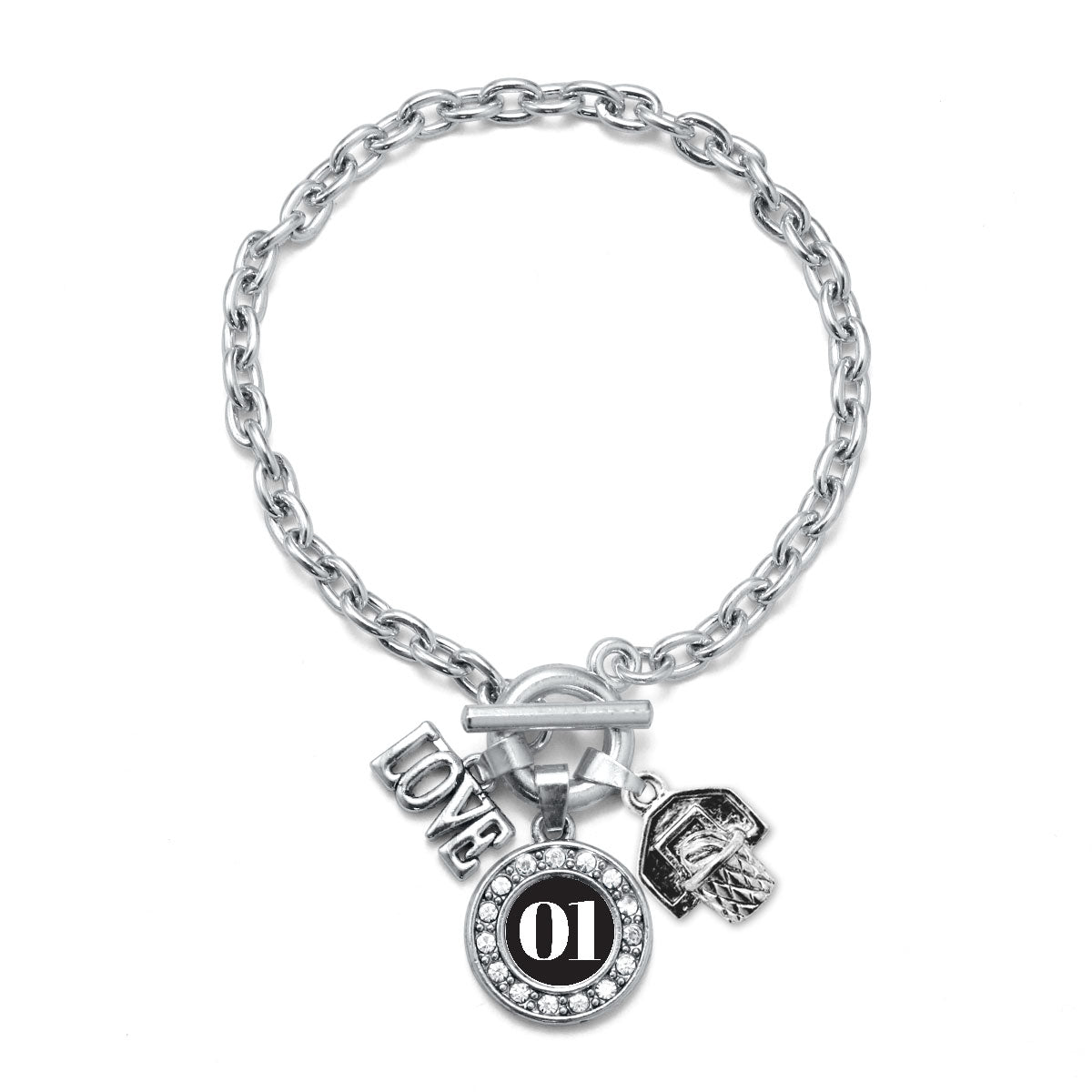 Silver Basketball Hoop - Sports Number 01 Circle Charm Toggle Bracelet