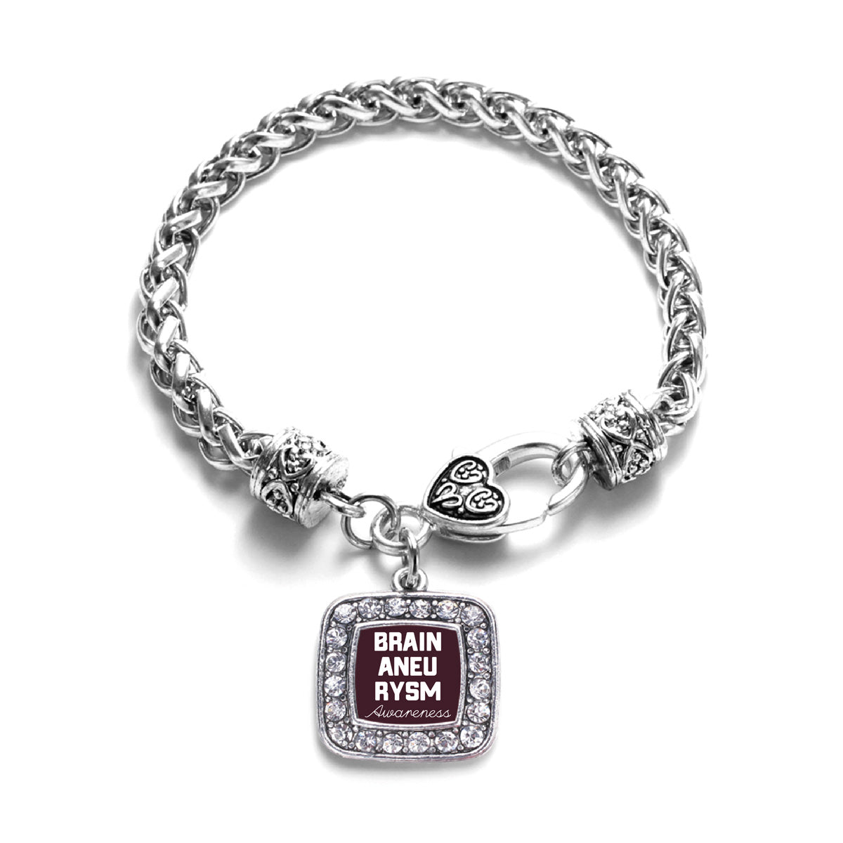 Silver Brain Aneurysm Awareness Square Charm Braided Bracelet