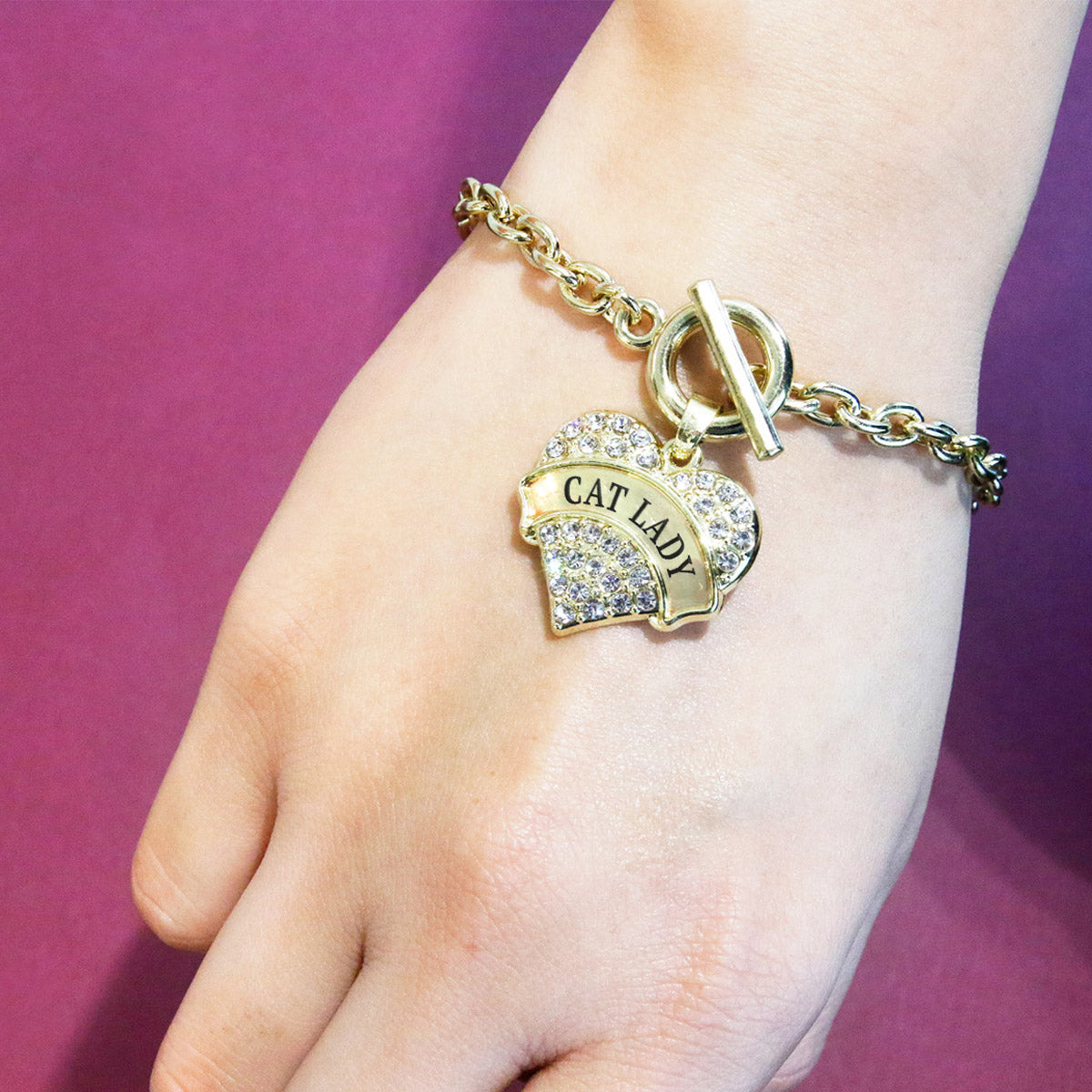 Gold Cat Lady Pave Heart Charm Toggle Bracelet