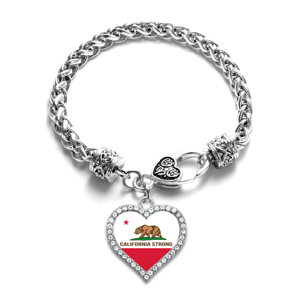 Silver California Strong Flag Open Heart Charm Braided Bracelet