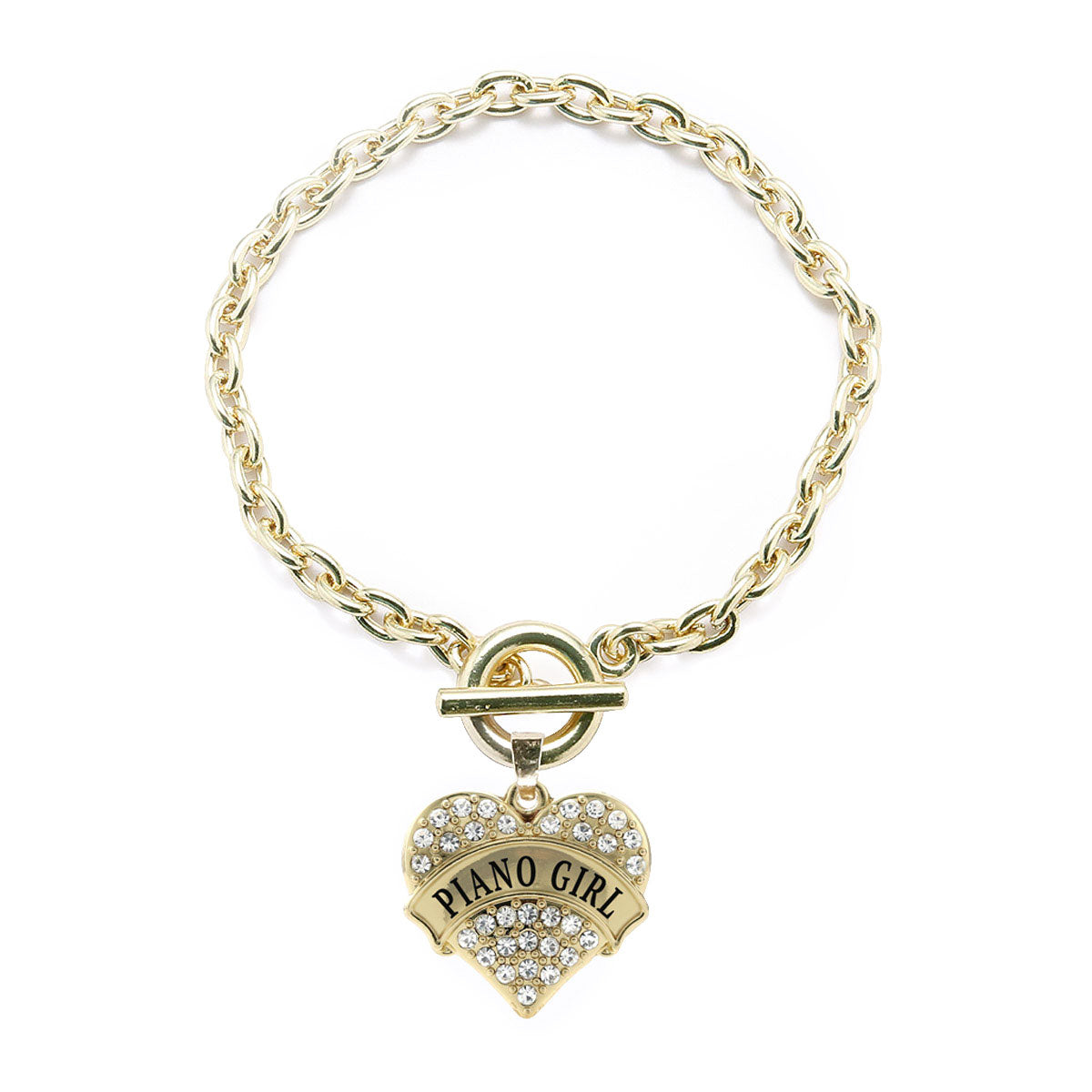 Gold Piano Girl Pave Heart Charm Toggle Bracelet