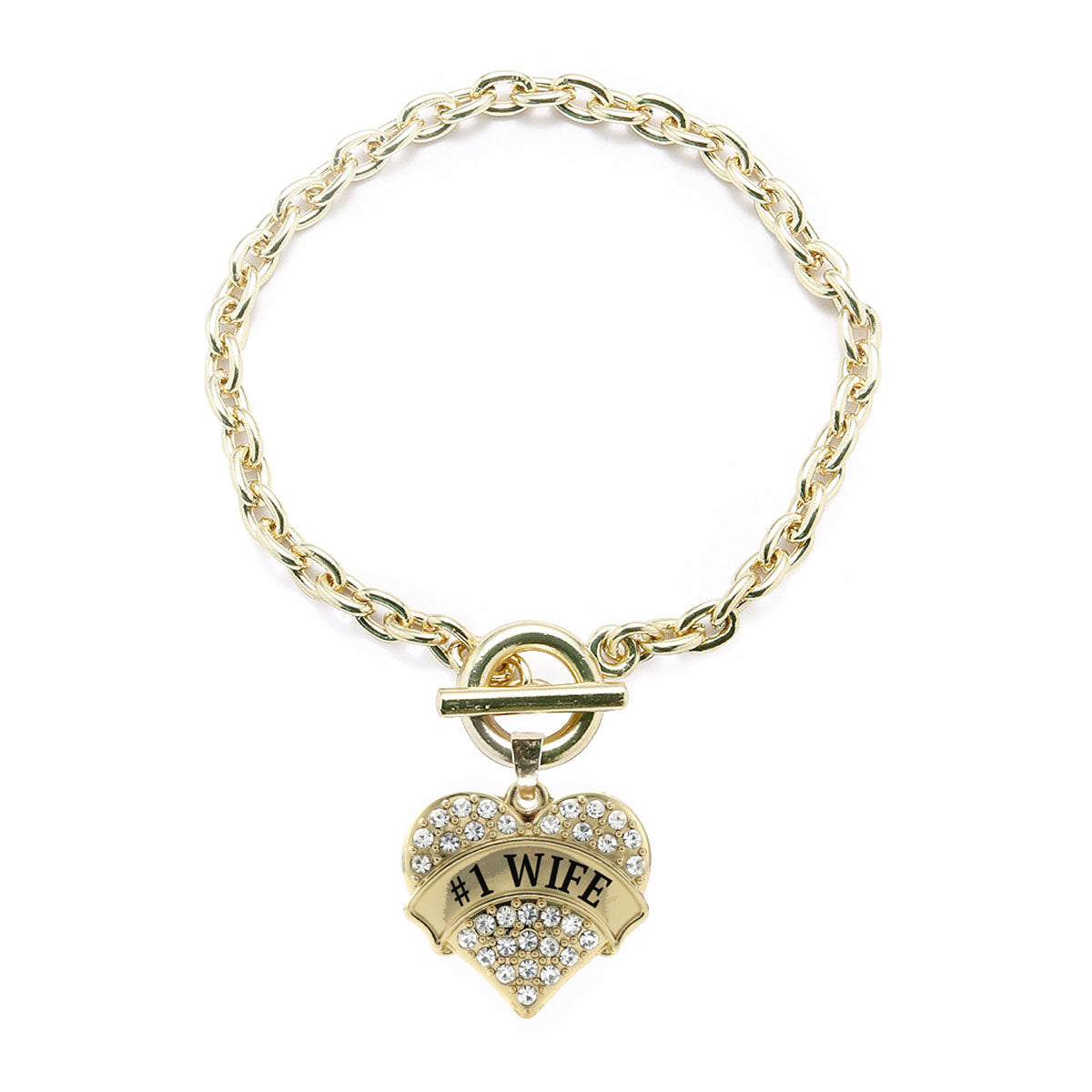 Gold #1 Wife Pave Heart Charm Toggle Bracelet