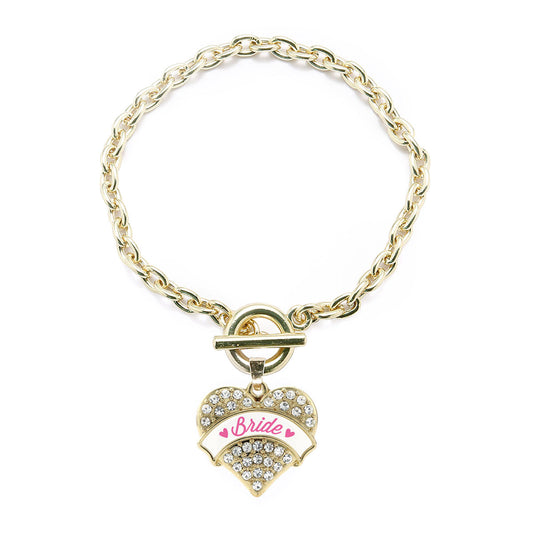 Gold Rose Bride Pave Heart Charm Toggle Bracelet