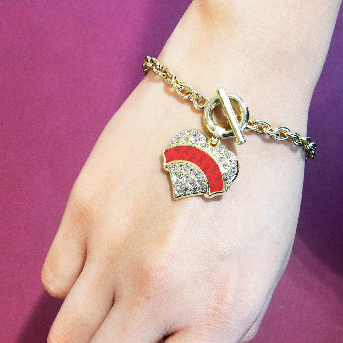 Gold Red Ribbon Support Pave Heart Charm Toggle Bracelet