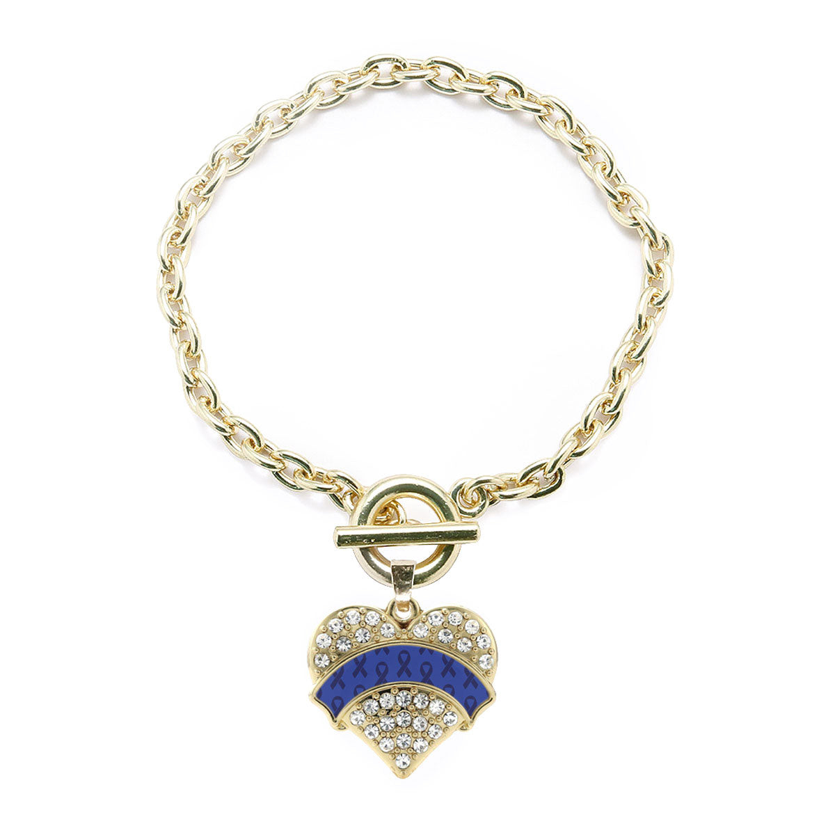 Gold Blue Ribbon Support Pave Heart Charm Toggle Bracelet