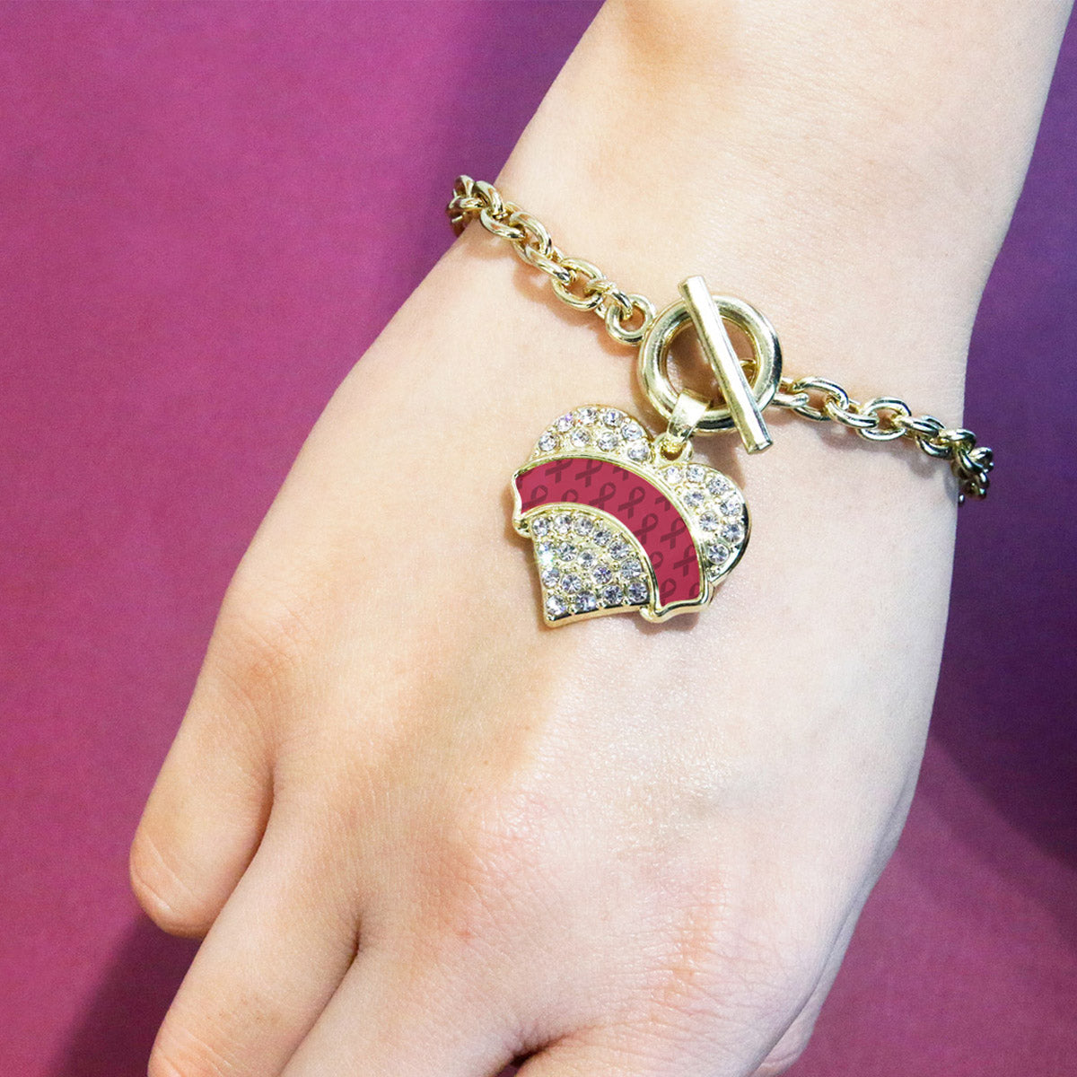 Gold Burgundy Ribbon Support Pave Heart Charm Toggle Bracelet