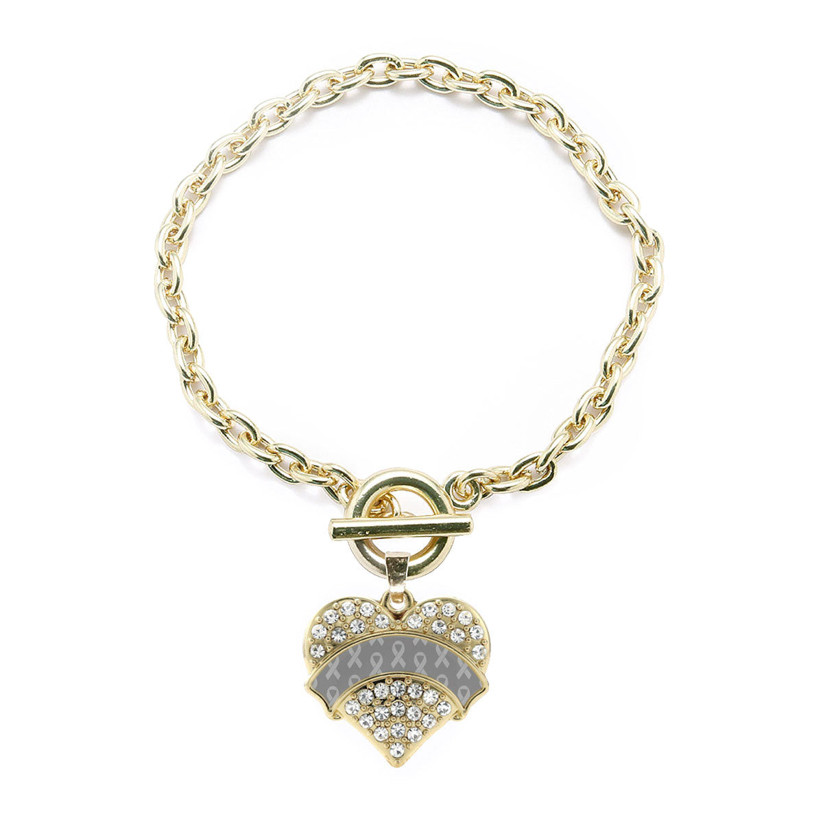 Gold Gray Ribbon Support Pave Heart Charm Toggle Bracelet