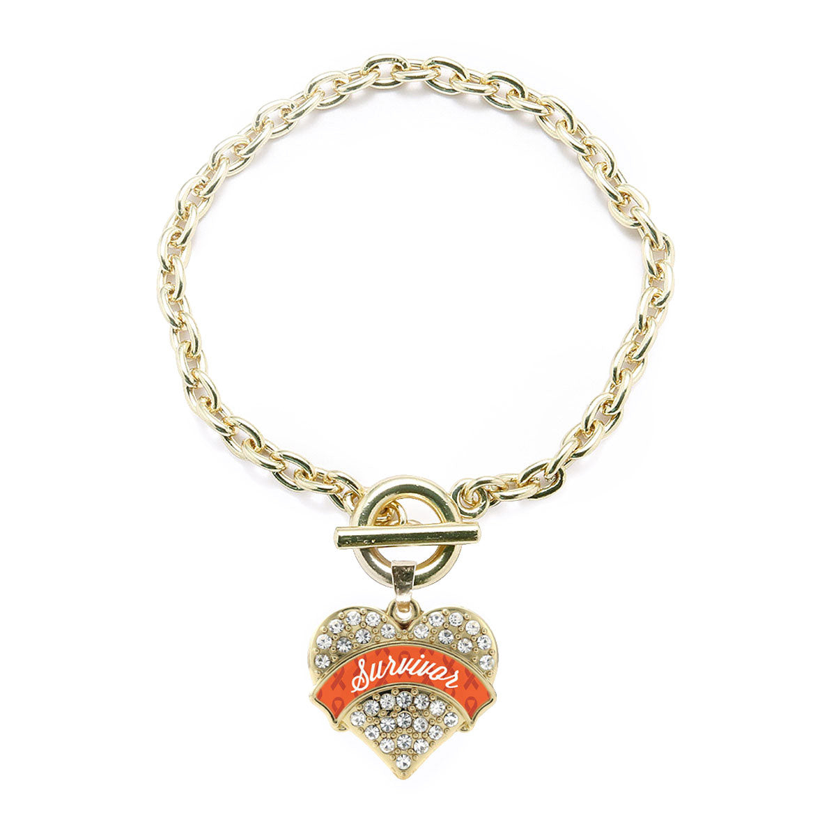Gold Orange Survivor Pave Heart Charm Toggle Bracelet