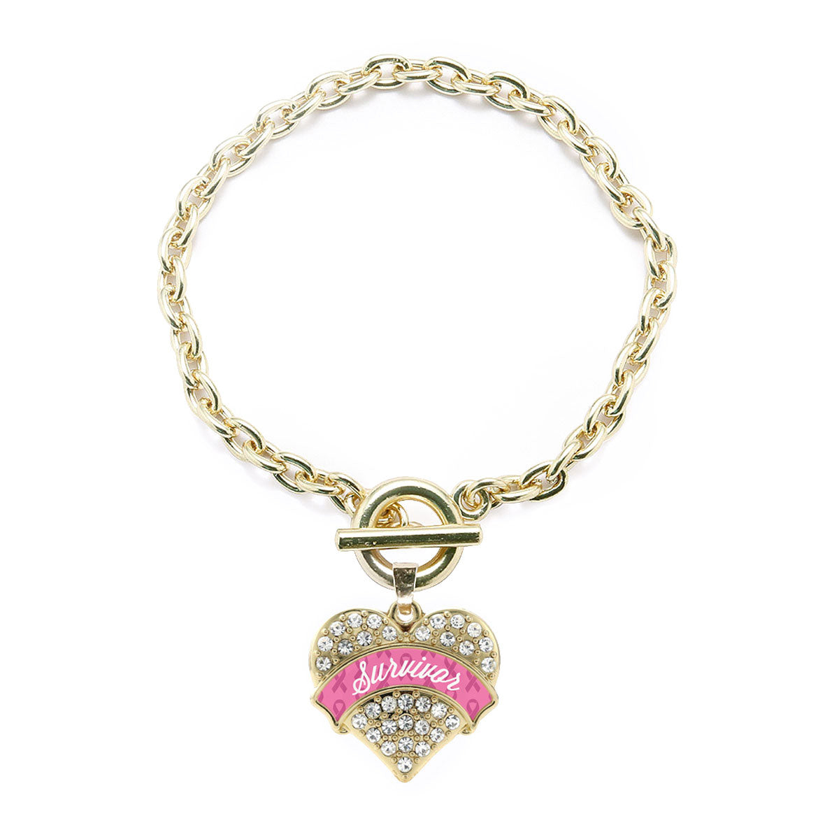 Gold Pink Survivor Pave Heart Charm Toggle Bracelet