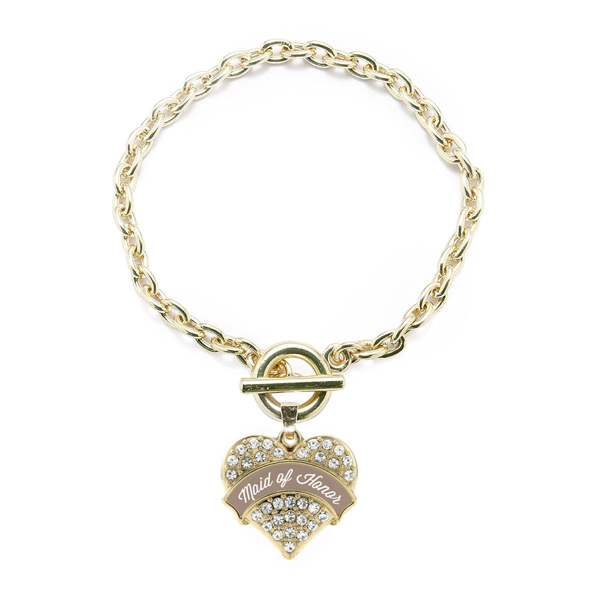 Gold Brown and White Maid of Honor Pave Heart Charm Toggle Bracelet