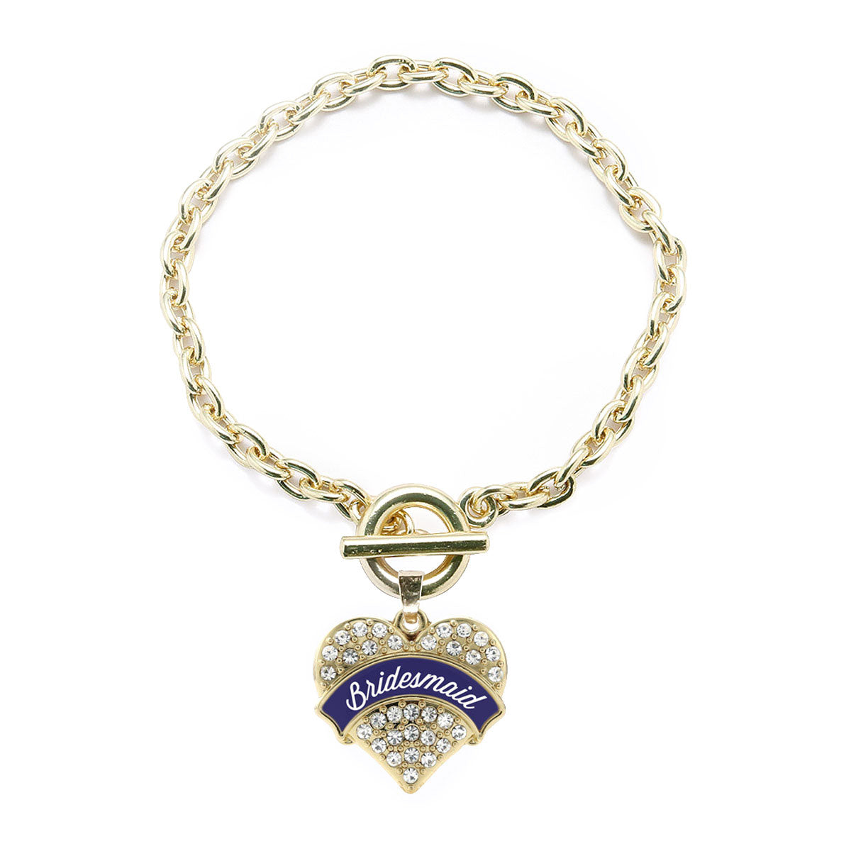 Gold Navy Blue Bridesmaid Pave Heart Charm Toggle Bracelet