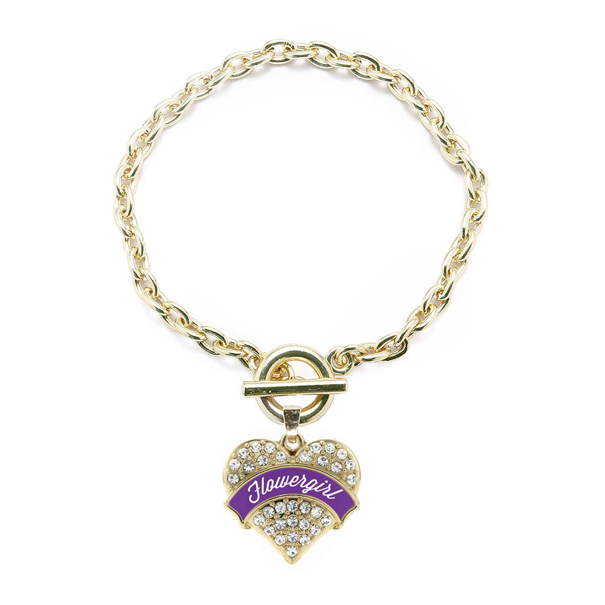 Gold Purple Flower Girl Pave Heart Charm Toggle Bracelet