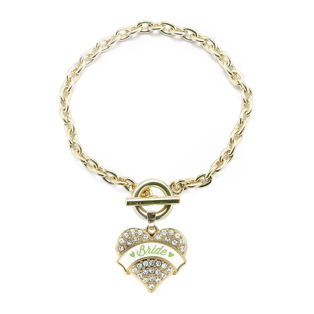 Gold Sage Green Bride Pave Heart Charm Toggle Bracelet